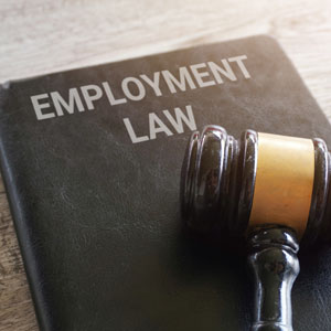 A gavel rests on a book titled EMPLOYMENT LAW, symbolizing legal action.