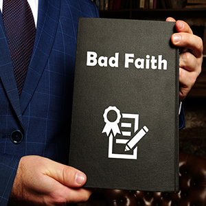 Person in a suit holding a black folder labeled Bad Faith with an insurance icon. 