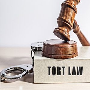 Gavel and handcuffs on a Tort Law book for business interference defense.